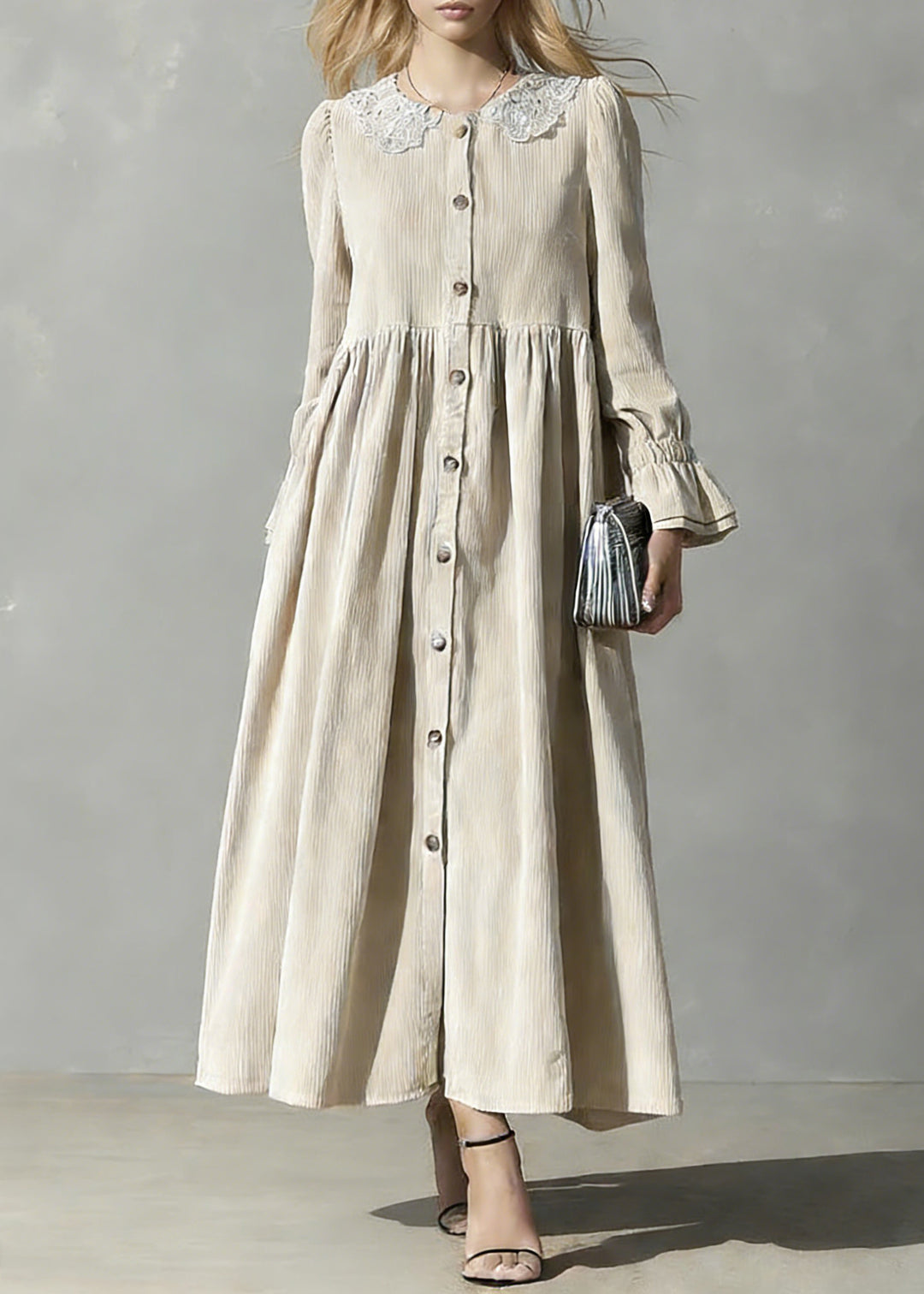 Plus Size Apricot Peter Pan Collar Button Corduroy Blouses Dresses Spring - Omychic