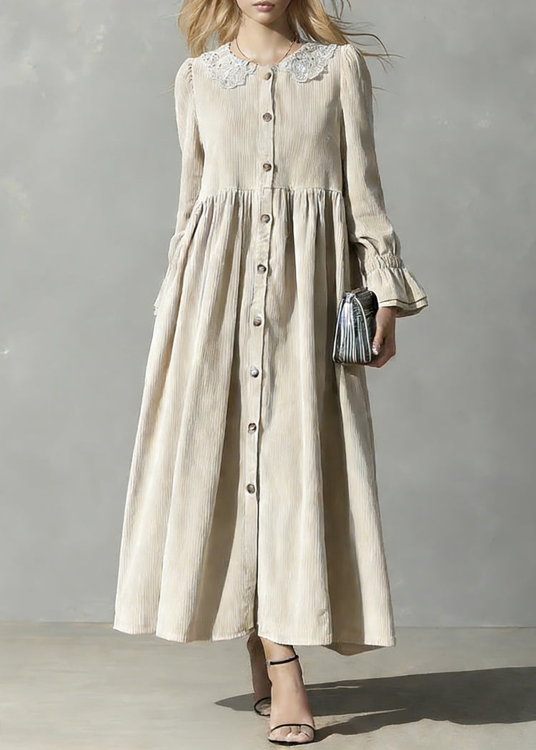 Plus Size Apricot Peter Pan Collar Button Corduroy Blouses Dresses Spring - Omychic