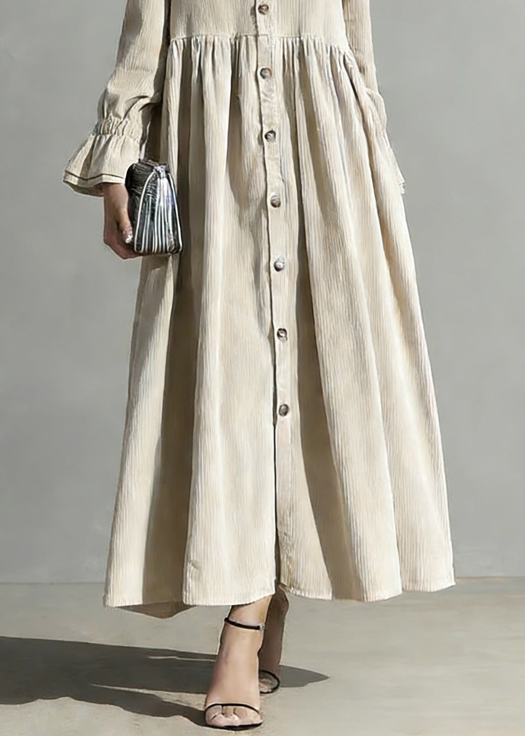 Plus Size Apricot Peter Pan Collar Button Corduroy Blouses Dresses Spring - Omychic