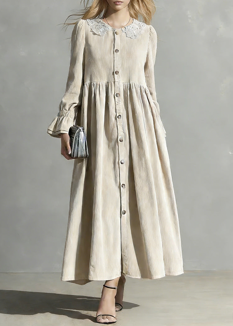 Plus Size Apricot Peter Pan Collar Button Corduroy Blouses Dresses Spring - Omychic