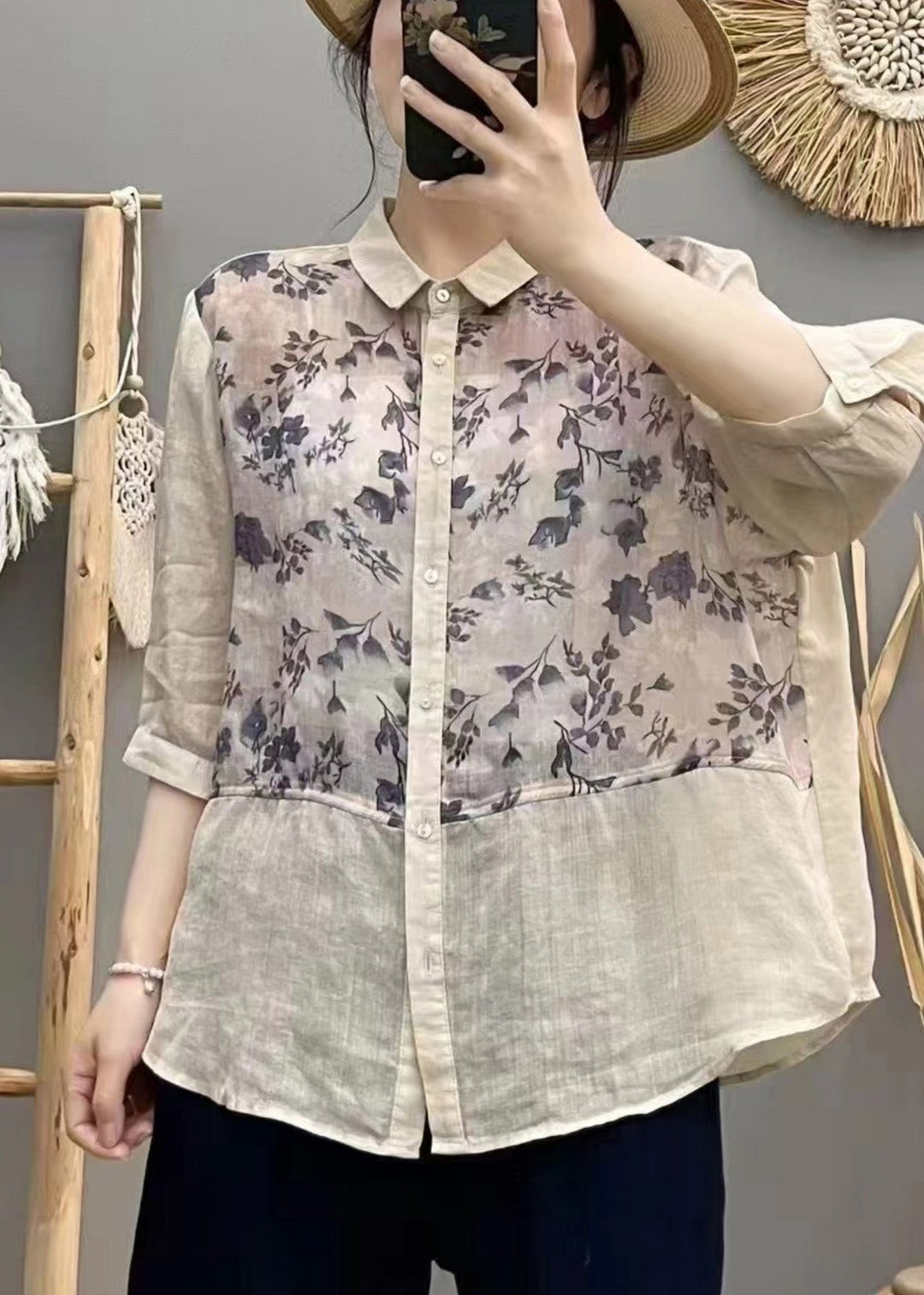 Plus Size Apricot Print Patchwork Linen Blouse Top Summer