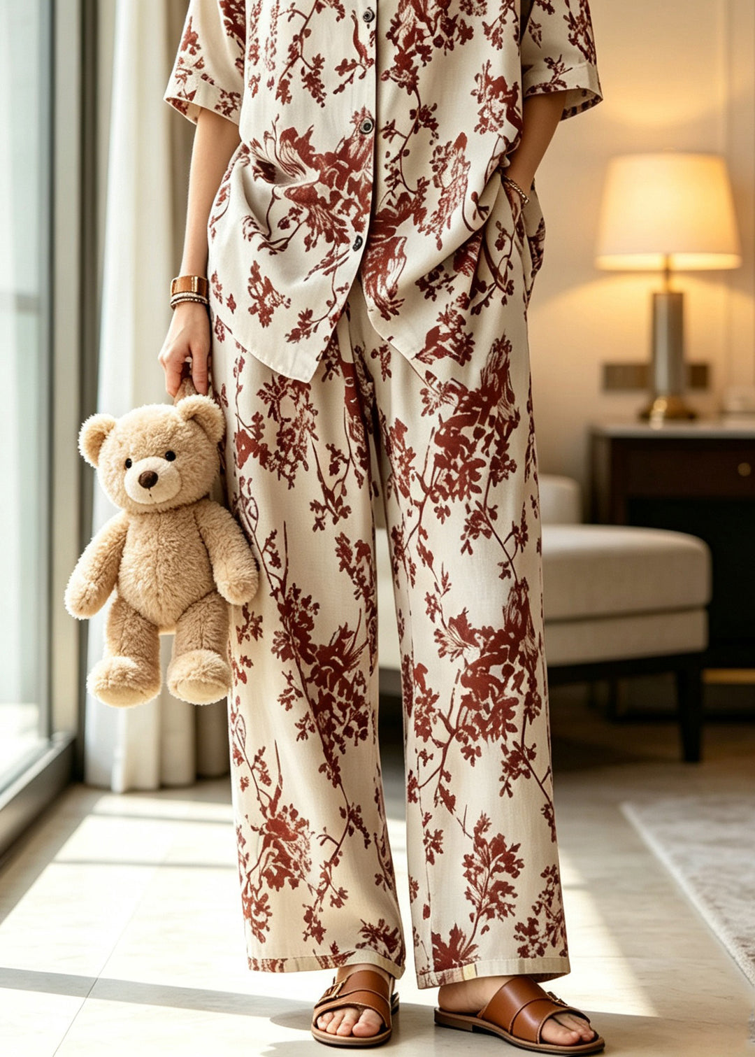 Plus Size Apricot Stand Collar Pajamas Two Pieces Set Summer
