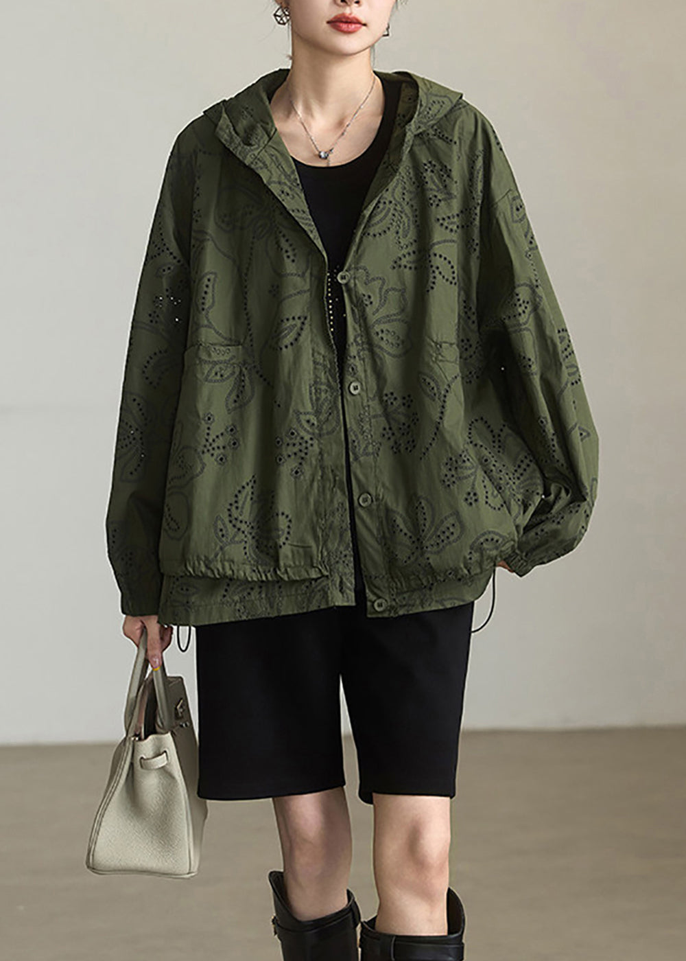 Plus Size Army Green Hooded Hollow Out Drawstring Cotton Trench Fall