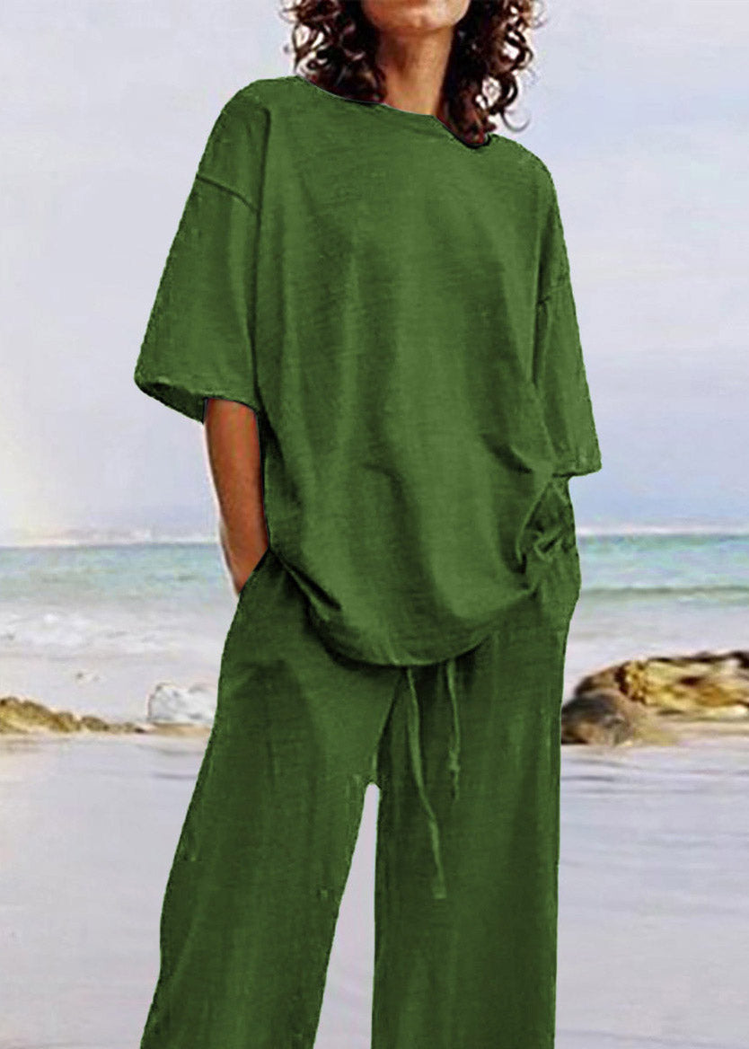 Plus Size Army Green Patchwork T Shirts And Wide Leg Pants Two Piece Set Short Sleeve