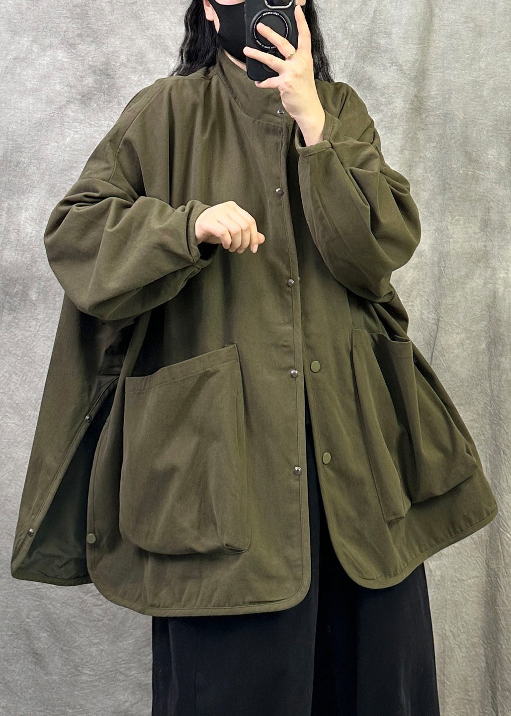 Plus Size Army Green Stand Collar Pockets Patchwork Cotton Jacket Fall