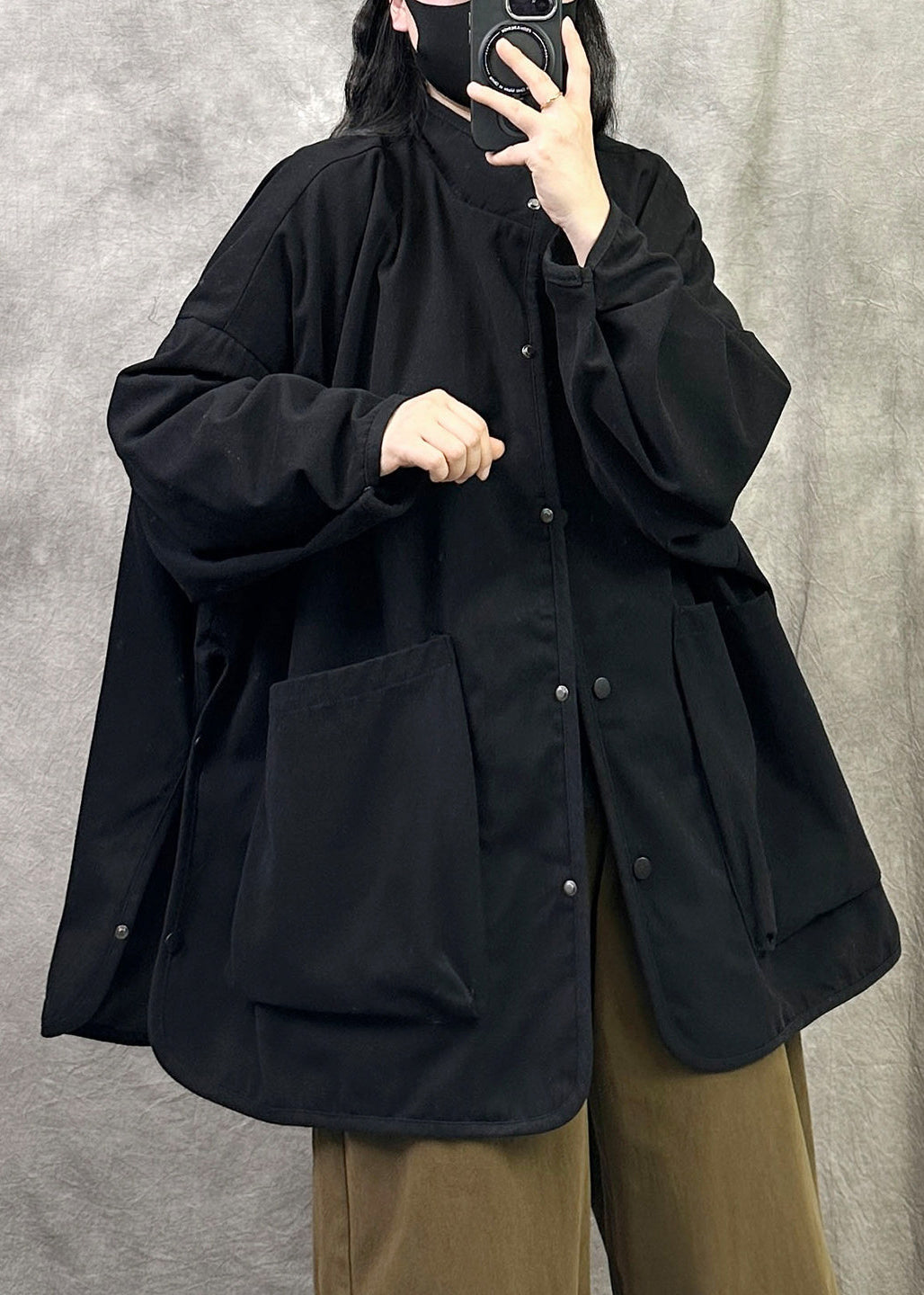 Plus Size Army Green Stand Collar Pockets Patchwork Cotton Jacket Fall