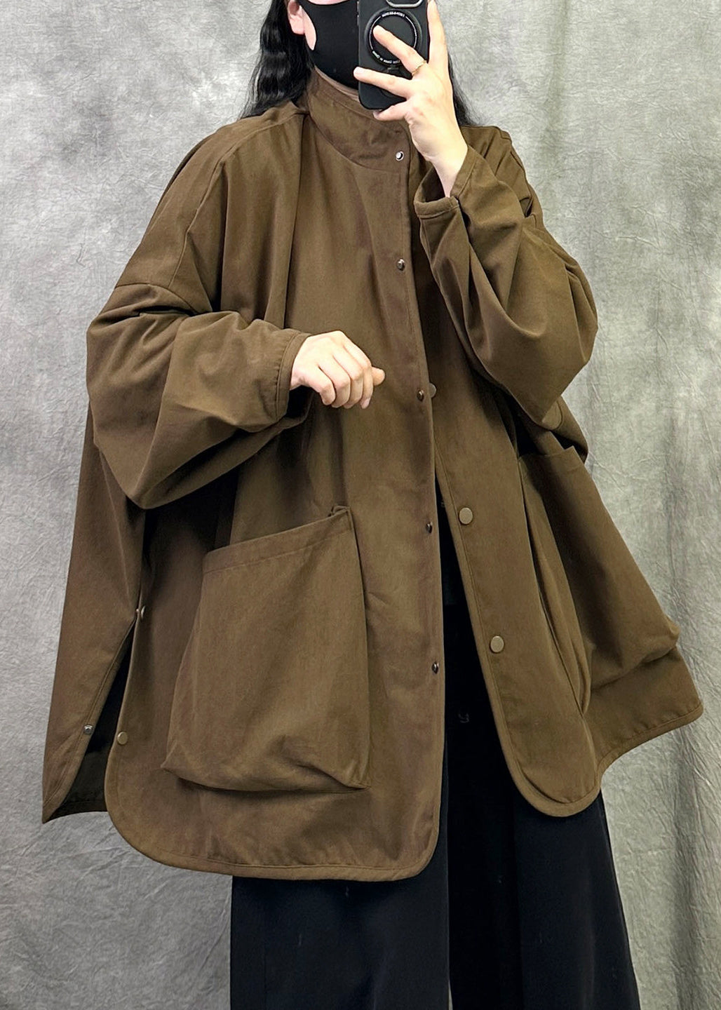 Plus Size Army Green Stand Collar Pockets Patchwork Cotton Jacket Fall