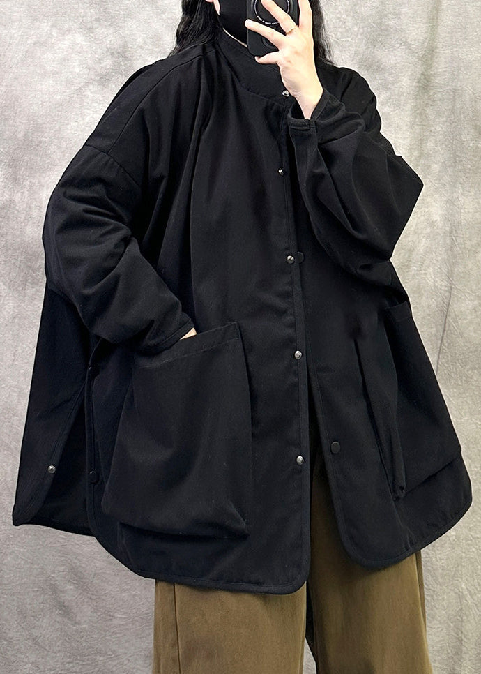 Plus Size Army Green Stand Collar Pockets Patchwork Cotton Jacket Fall