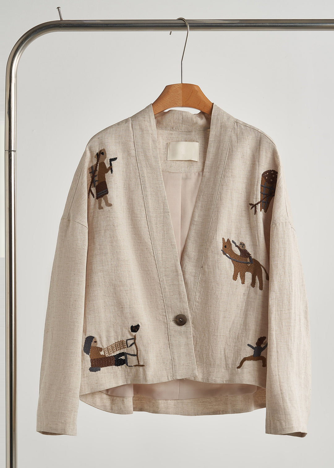 Plus Size Beige Embroidered Oversized Linen Coat Fall