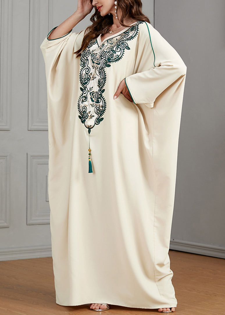 Plus Size Beige Embroidered Tasseled Cotton Dresses Batwing Sleeve