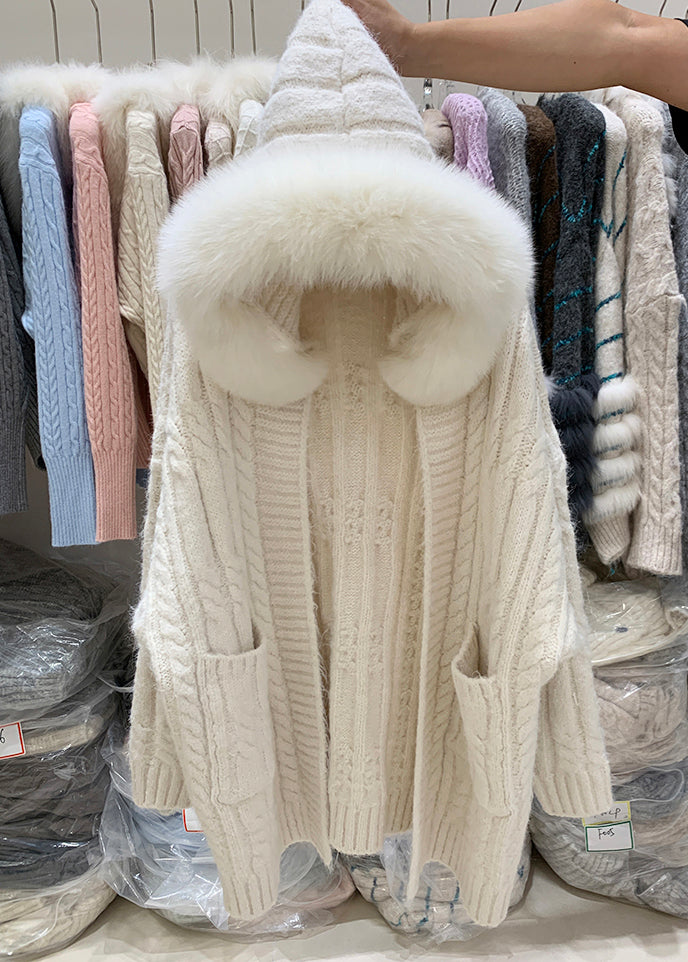 Plus Size Beige Hooded Pockets Patchwork Knit Cardigan Winter