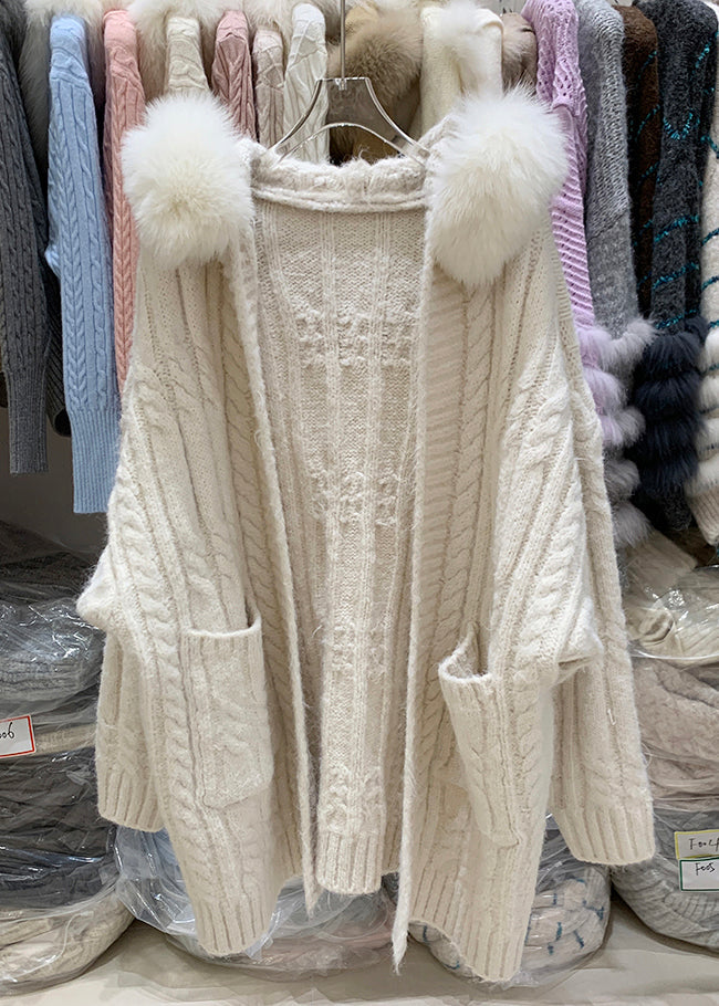 Plus Size Beige Hooded Pockets Patchwork Knit Cardigan Winter