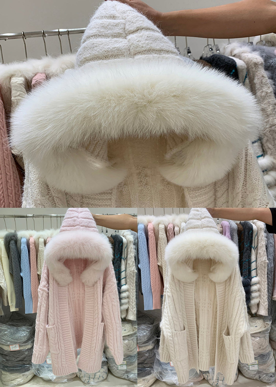 Plus Size Beige Hooded Pockets Patchwork Knit Cardigan Winter