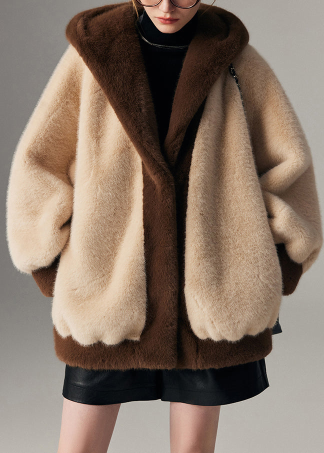 Plus Size Beige Hooded Pockets Patchwork Mink Hair Coats Winter