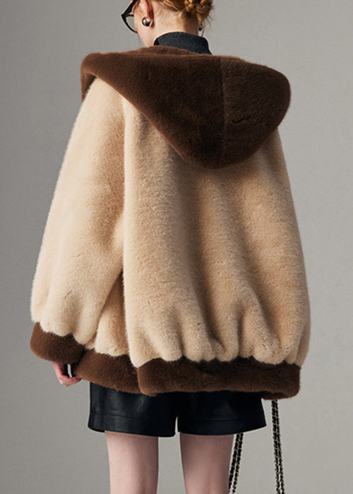 Plus Size Beige Hooded Pockets Patchwork Mink Hair Coats Winter