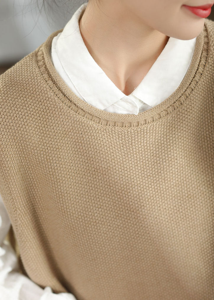 Plus Size Beige O-Neck Oversized Knit Vests Fall