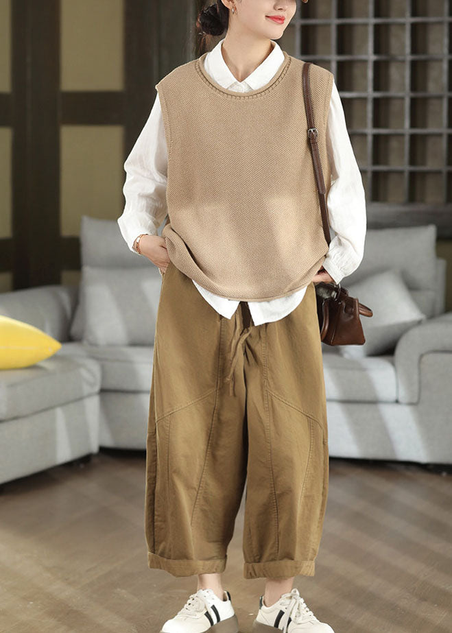 Plus Size Beige O-Neck Oversized Knit Vests Fall