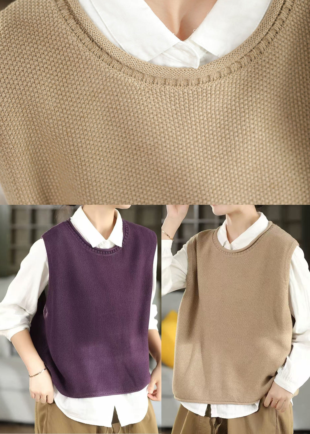 Plus Size Beige O-Neck Oversized Knit Vests Fall