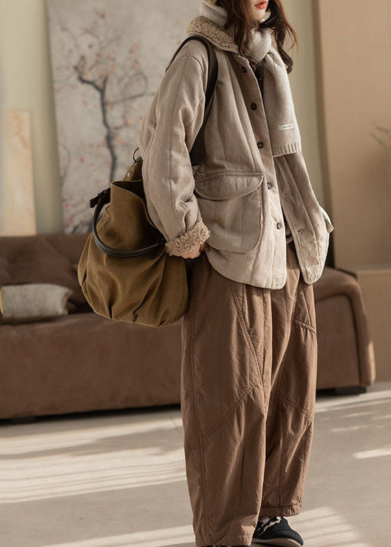 Plus Size Beige Oversized Pockets Fine Cotton Filled Coat Winter