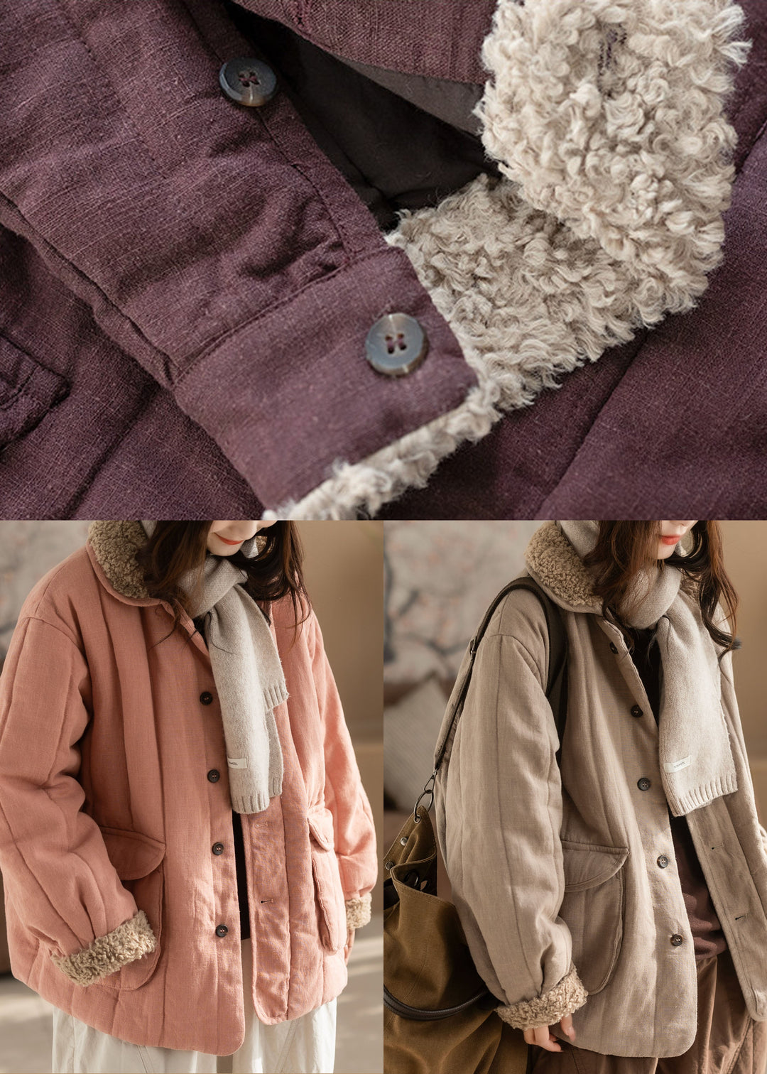 Plus Size Beige Oversized Pockets Fine Cotton Filled Coat Winter