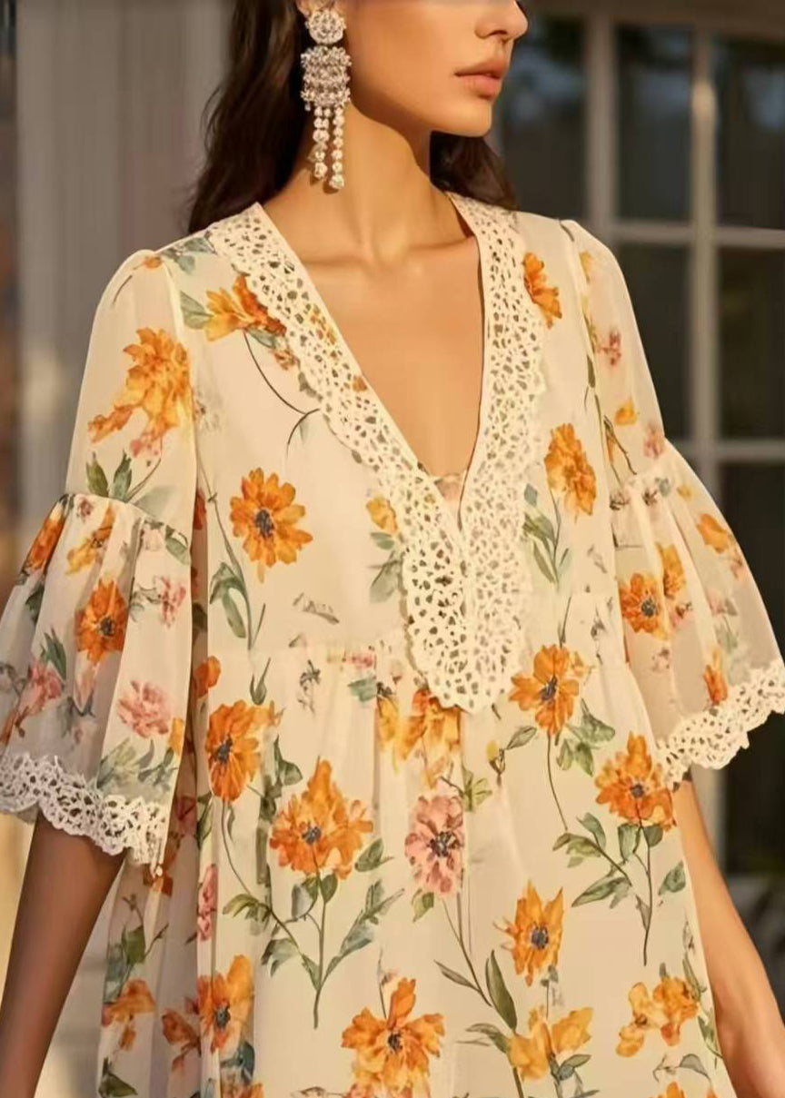 Plus Size Beige Print Patchwork Lace Chiffon Day Dress Summer