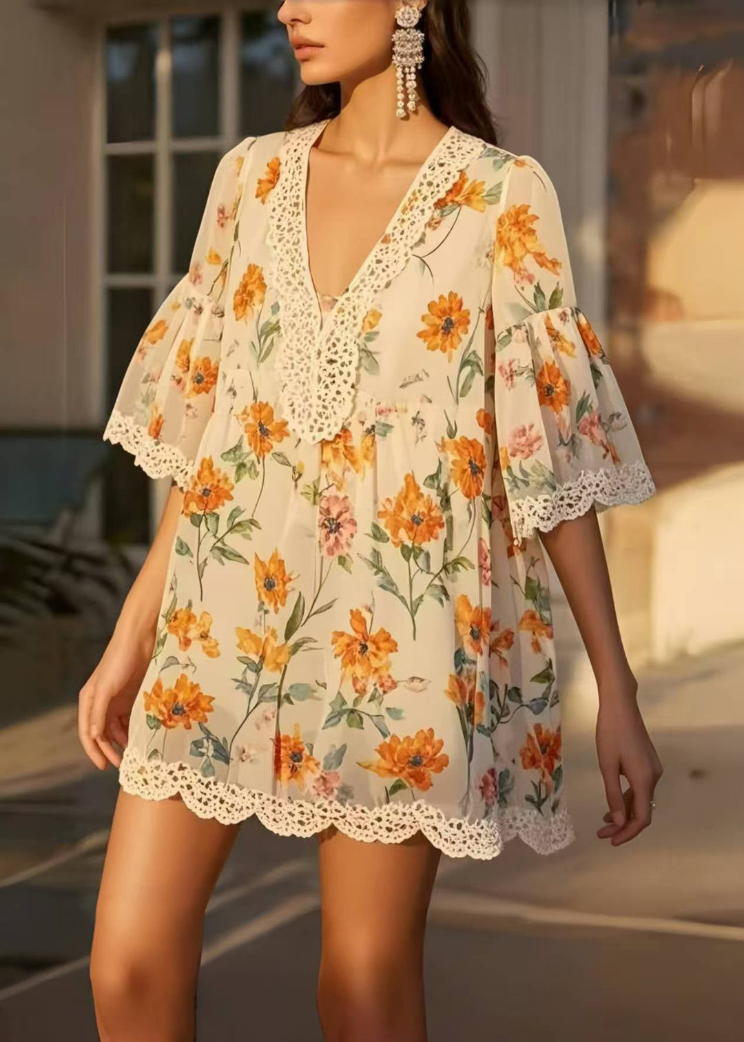 Plus Size Beige Print Patchwork Lace Chiffon Day Dress Summer