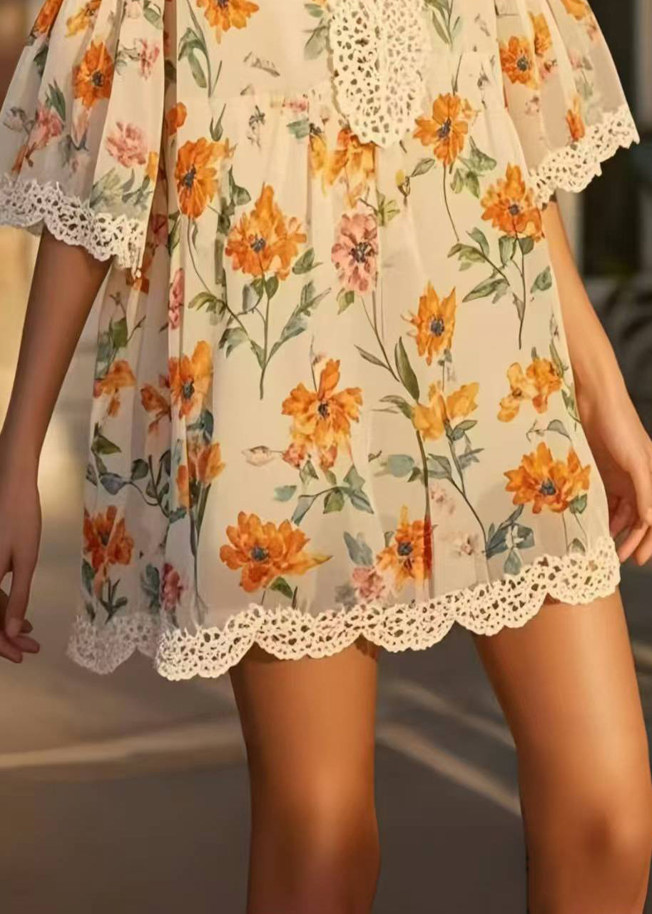 Plus Size Beige Print Patchwork Lace Chiffon Day Dress Summer