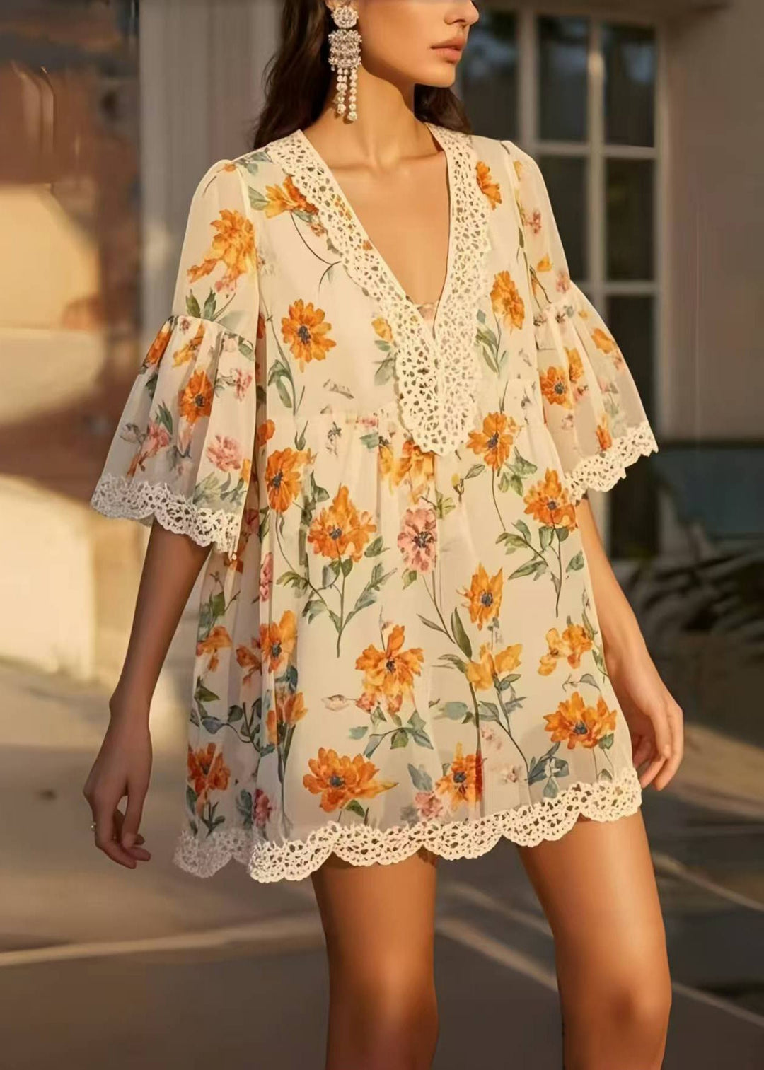 Plus Size Beige Print Patchwork Lace Chiffon Day Dress Summer