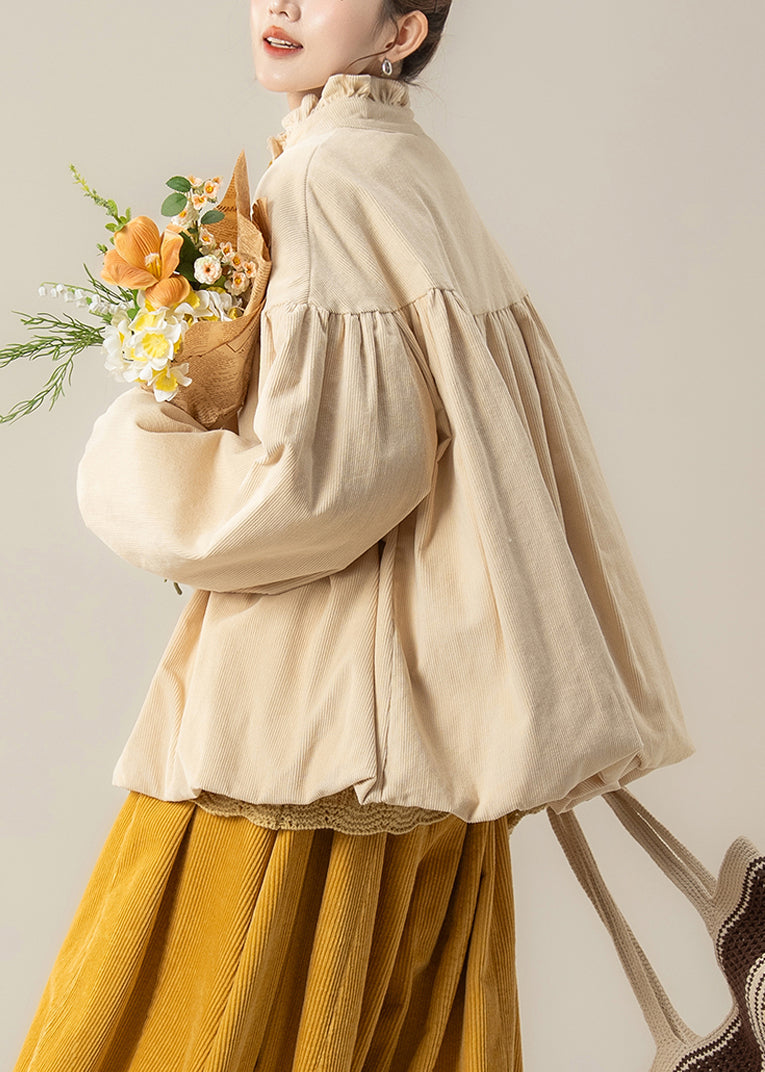 Plus Size Beige Ruffled Solid Corduroy Cotton Filled Parkas Winter