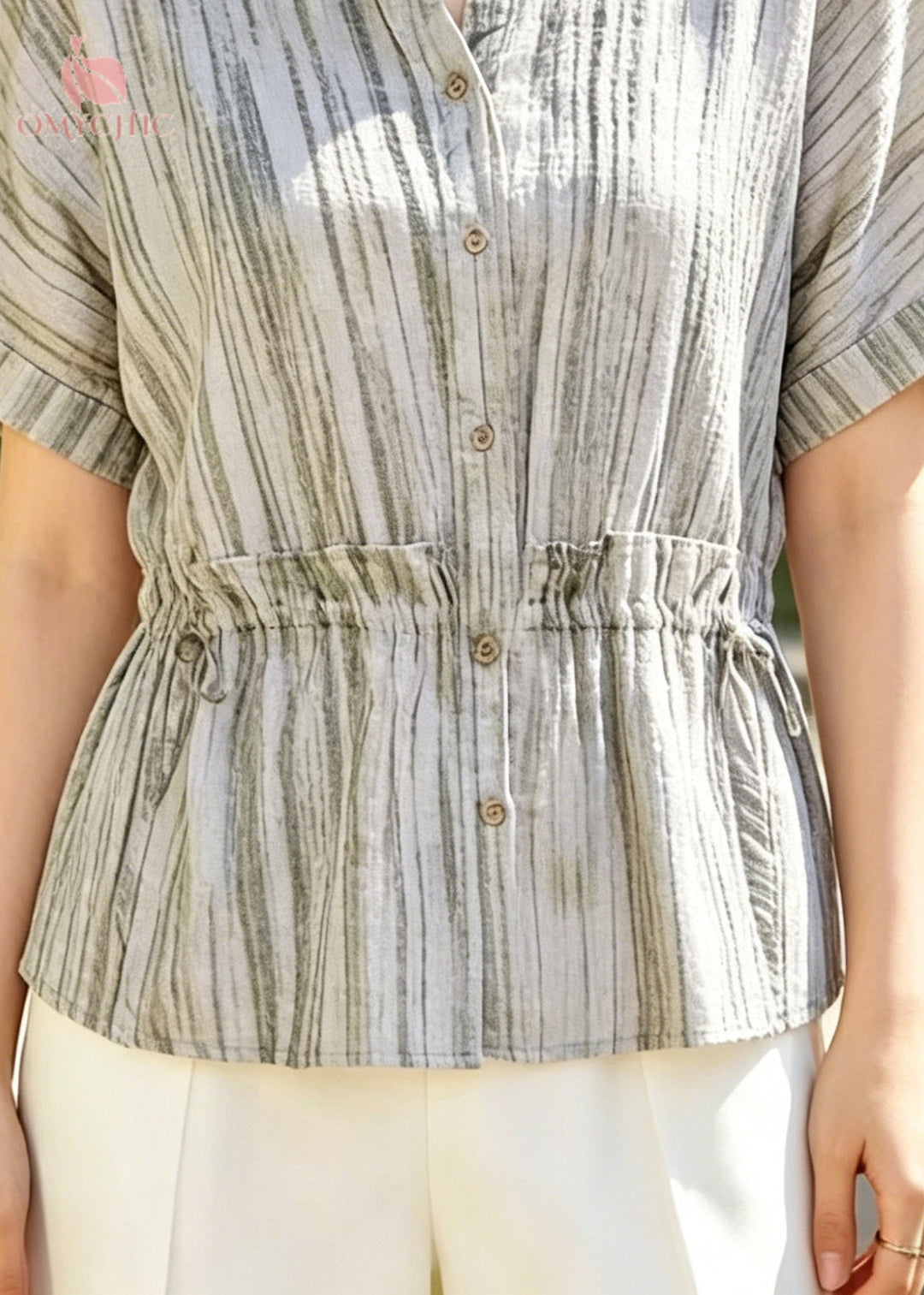 Plus Size Beige Ruffled Striped Cotton Blouse Tops Summer