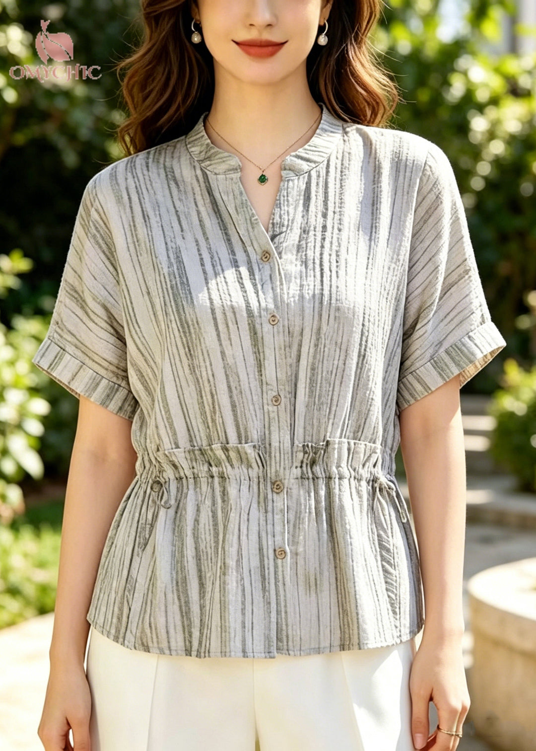 Plus Size Beige Ruffled Striped Cotton Blouse Tops Summer