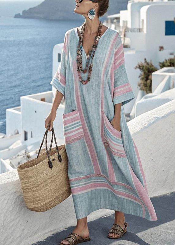 Plus Size Blach Pink Striped Pockets Patchwork Long Dresses Short Sleeve