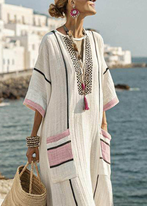 Plus Size Blach Pink Striped Pockets Patchwork Long Dresses Short Sleeve