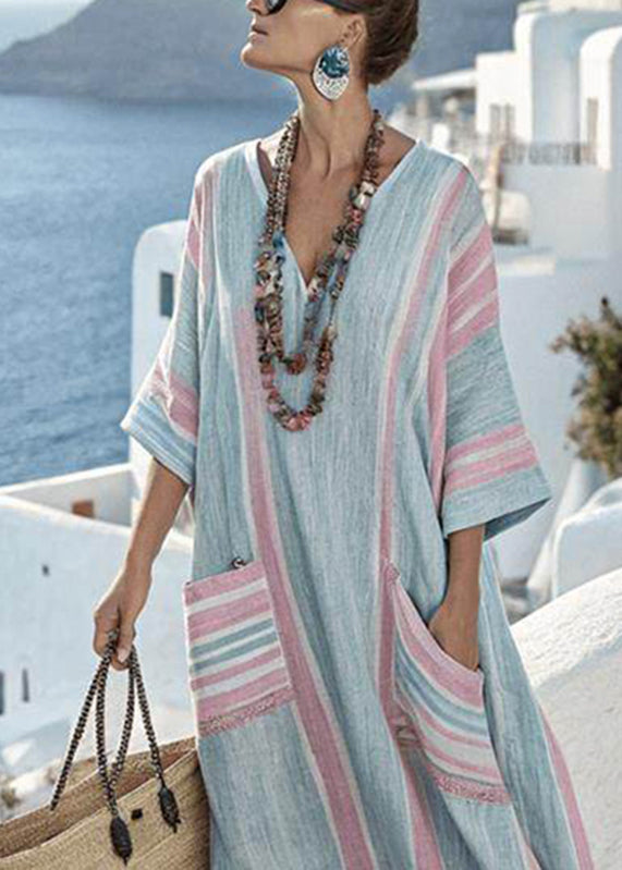 Plus Size Blach Pink Striped Pockets Patchwork Long Dresses Short Sleeve