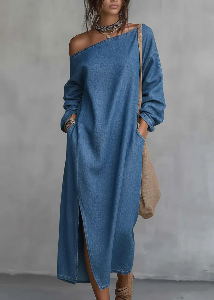Plus Size Black Cold Shoulder Side Open Cotton Dress Long Sleeve