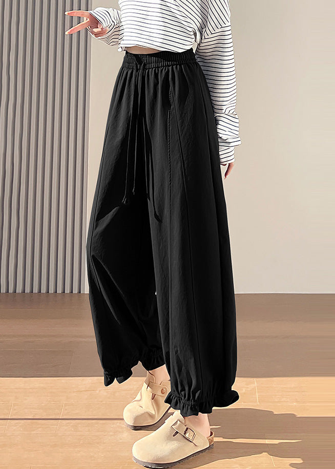 Plus Size Black Elastic Waist Ruffled Cotton Pants Fall