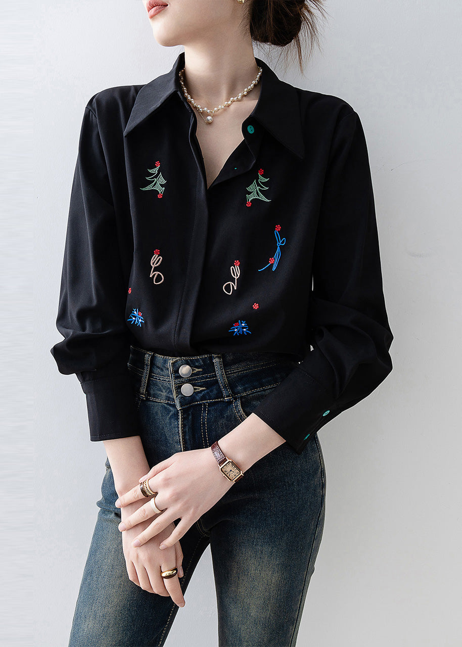 Plus Size Black Embroidered Chiffon Blouse Tops Spring