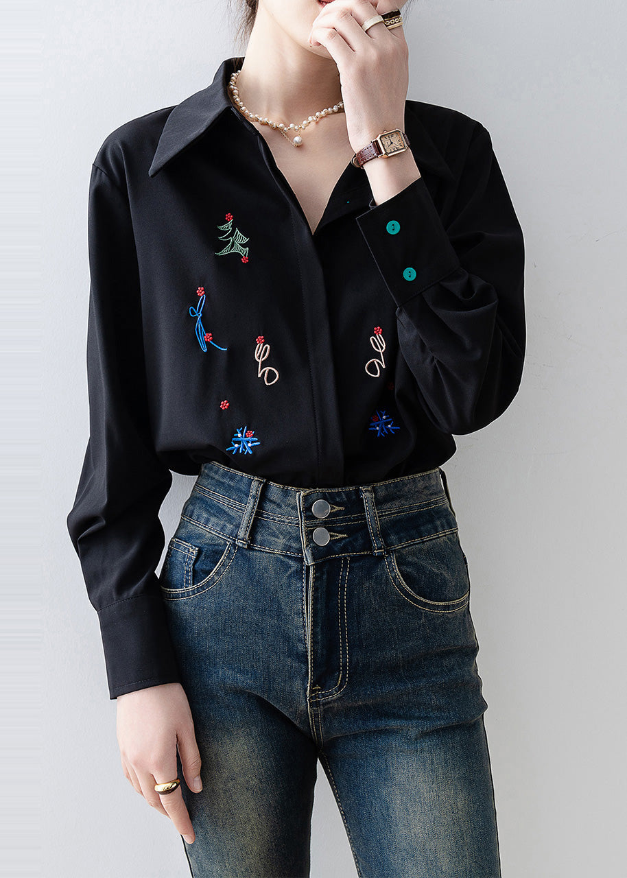 Plus Size Black Embroidered Chiffon Blouse Tops Spring