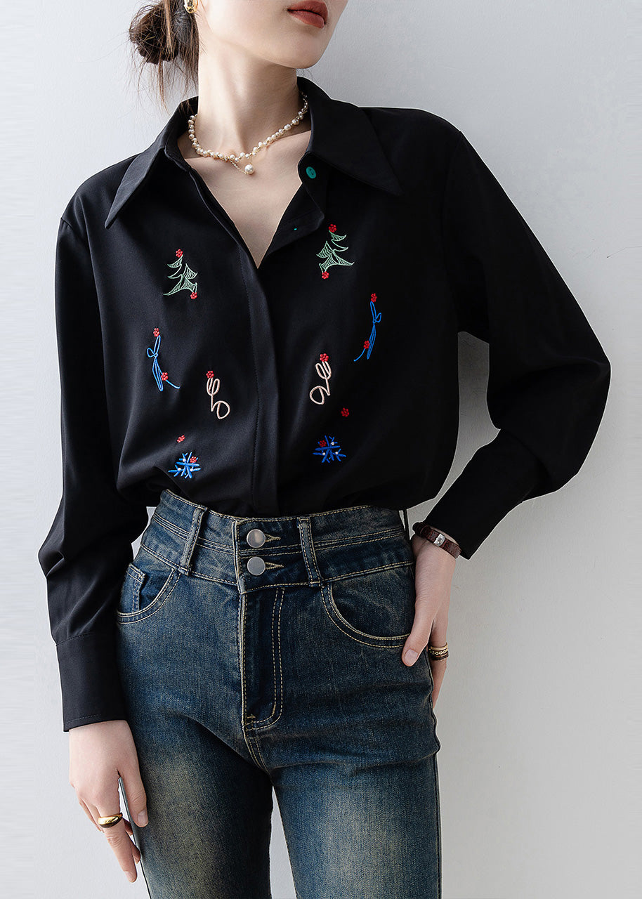 Plus Size Black Embroidered Chiffon Blouse Tops Spring