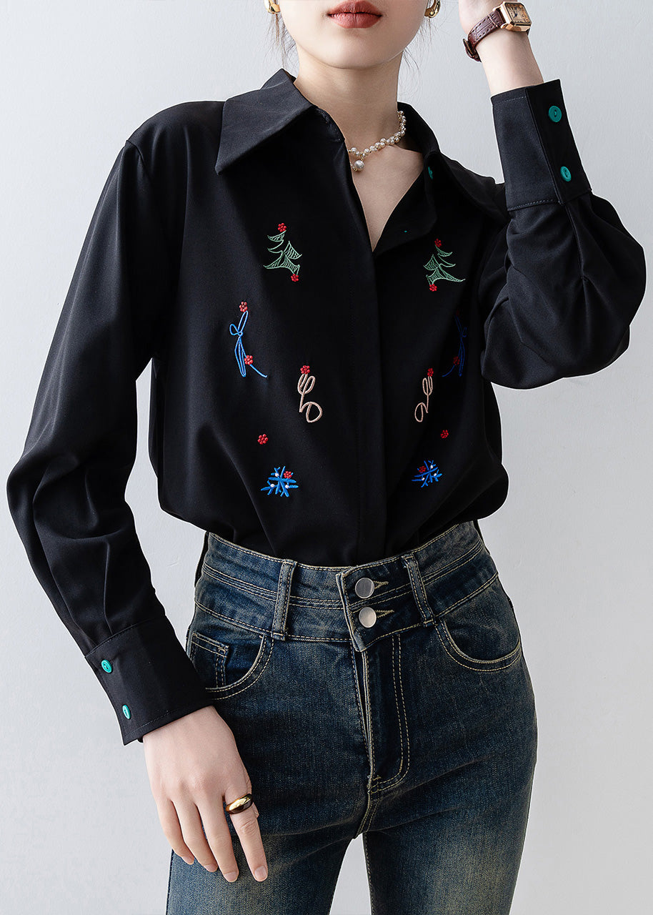 Plus Size Black Embroidered Chiffon Blouse Tops Spring