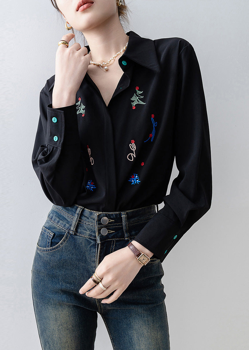 Plus Size Black Embroidered Chiffon Blouse Tops Spring