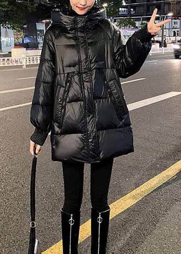 Plus Size Black Hooded Pockets Fine Cotton Filled Parkas Winter