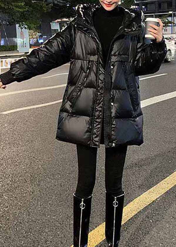 Plus Size Black Hooded Pockets Fine Cotton Filled Parkas Winter