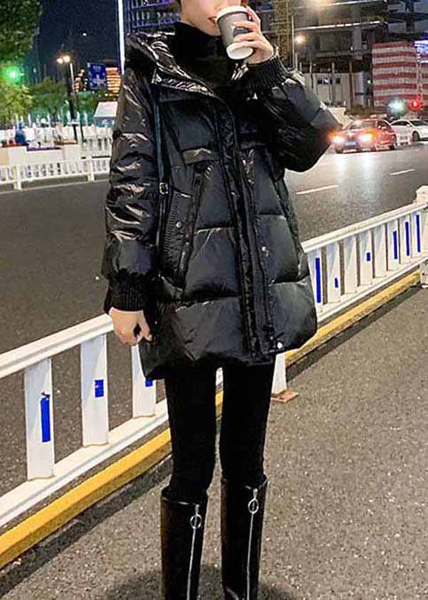 Plus Size Black Hooded Pockets Fine Cotton Filled Parkas Winter