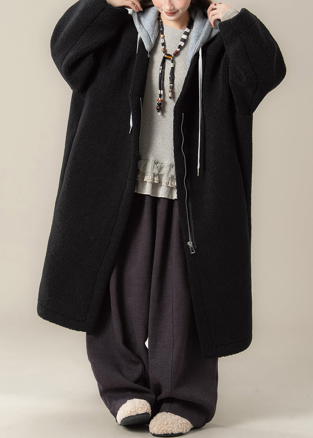 Plus Size Black Hooded Zippered Patchwork Teddy Faux Fur Coat Winter