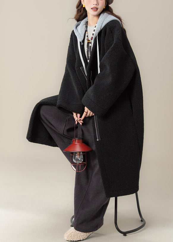 Plus Size Black Hooded Zippered Patchwork Teddy Faux Fur Coat Winter