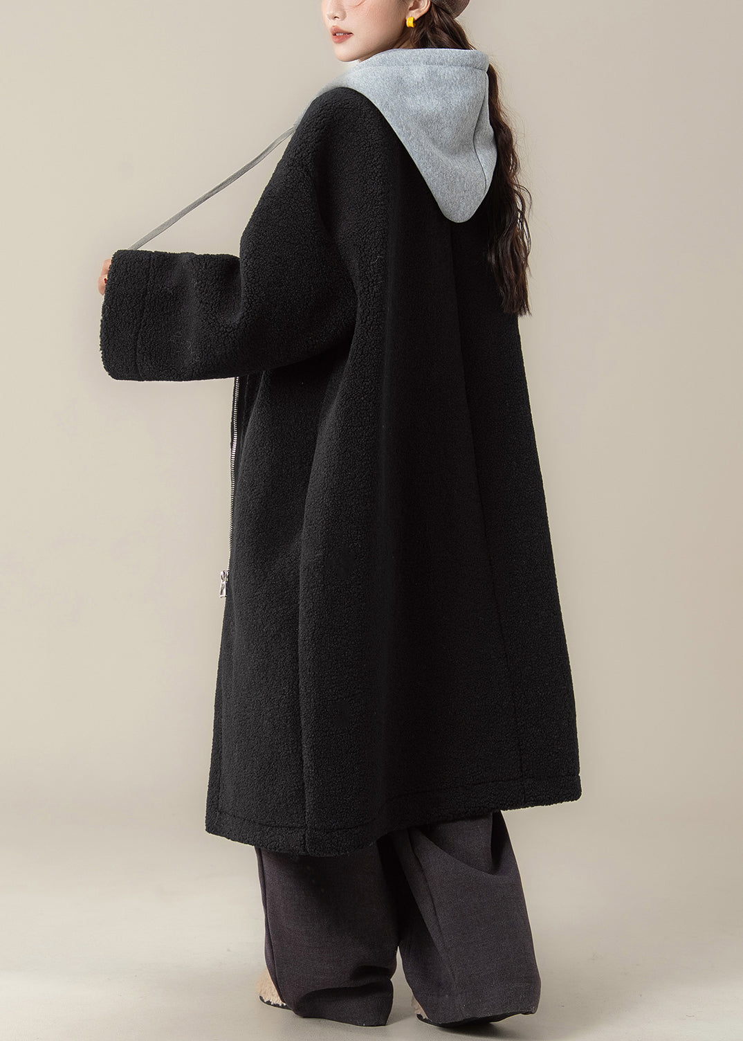 Plus Size Black Hooded Zippered Patchwork Teddy Faux Fur Coat Winter