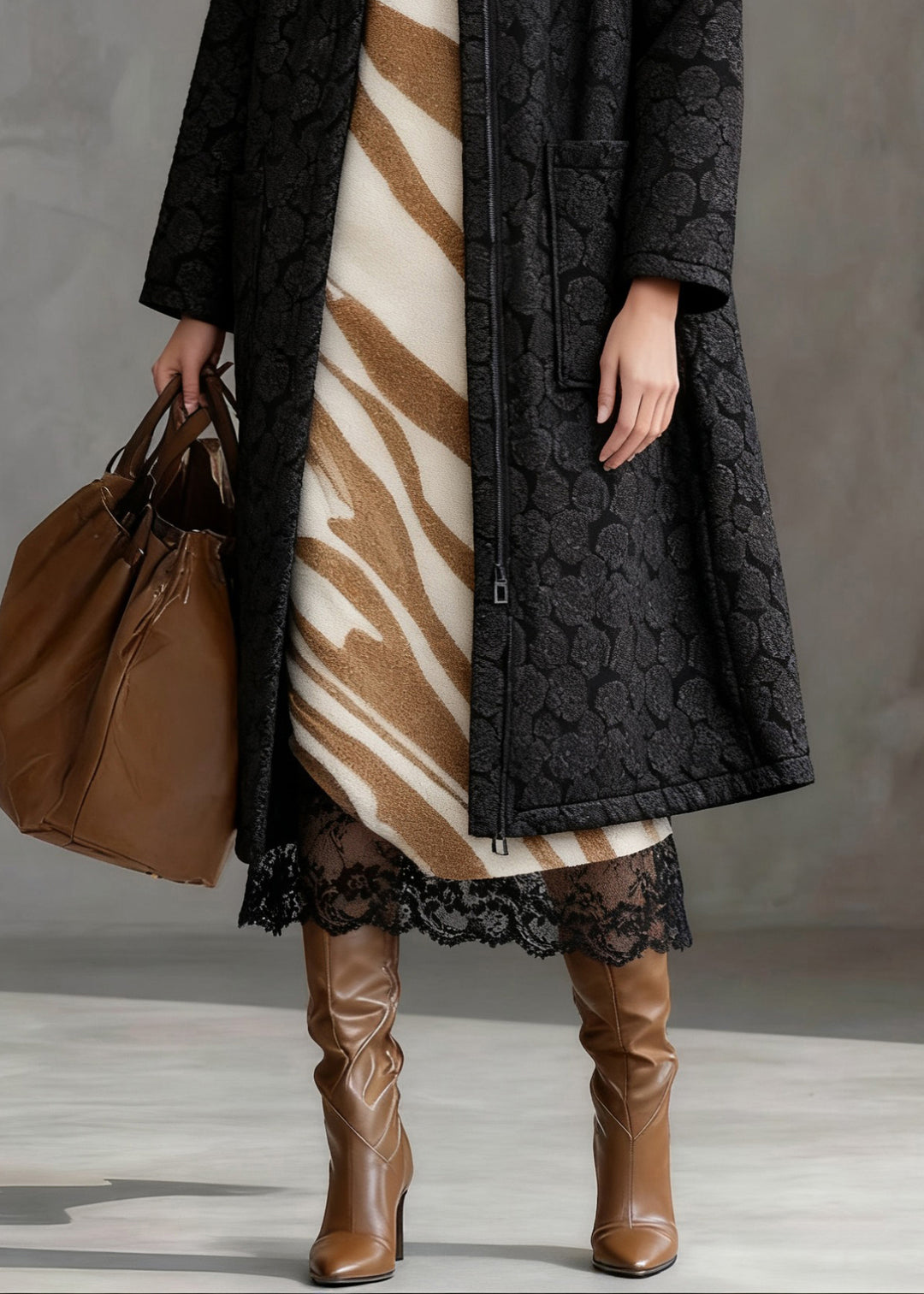 Plus Size Black Jacquard Zippered Pockets Cotton Filled Long Coats