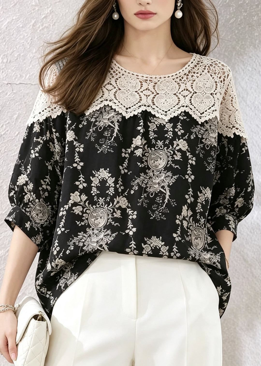 Plus Size Black O-Neck Lace Patchwork Print Shirts Summer
