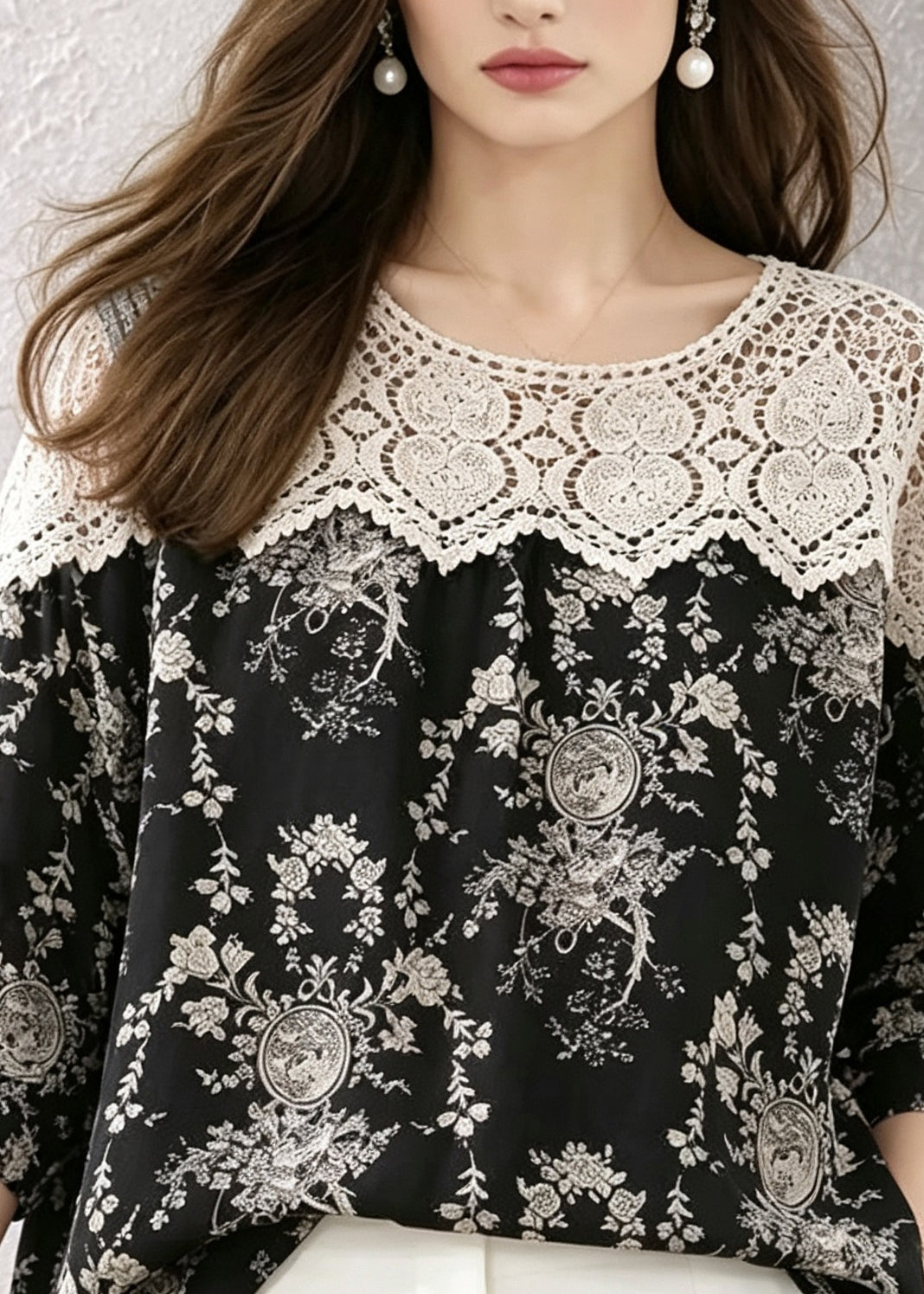 Plus Size Black O-Neck Lace Patchwork Print Shirts Summer